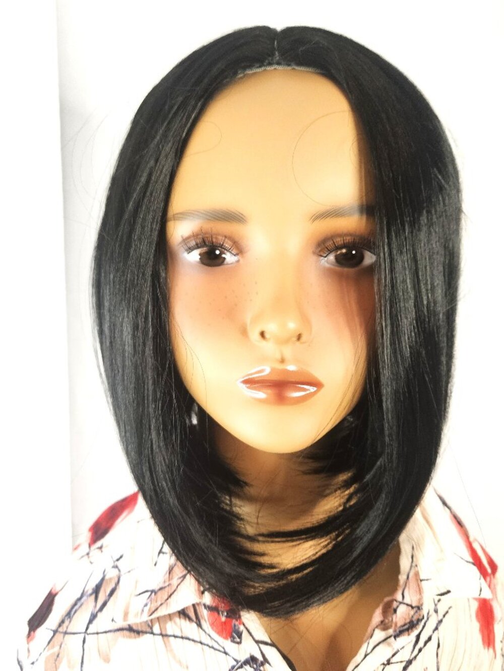Classic Sleek Soft Black Shoulder Skimming Bob Wig with Middle Parted Silhouette